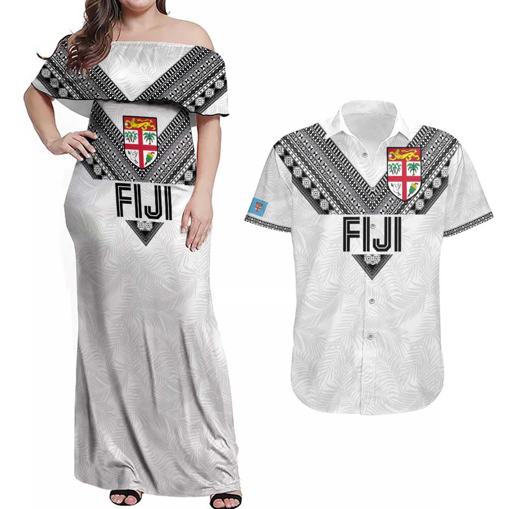 Custom Rugby Fiji Couples Matching Off Shoulder Maxi Dress and Hawaiian Shirt Fijian Masi Tribal Sporty Style White Color - Polynesian Pride