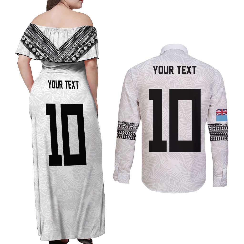 Custom Rugby Fiji Couples Matching Off Shoulder Maxi Dress and Long Sleeve Button Shirt Fijian Masi Tribal Sporty Style White Color - Polynesian Pride