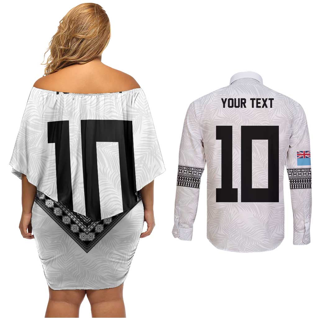 Custom Rugby Fiji Couples Matching Off Shoulder Short Dress and Long Sleeve Button Shirt Fijian Masi Tribal Sporty Style White Color - Polynesian Pride