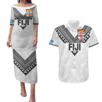 Custom Rugby Fiji Couples Matching Puletasi and Hawaiian Shirt Fijian Masi Tribal Sporty Style White Color - Polynesian Pride