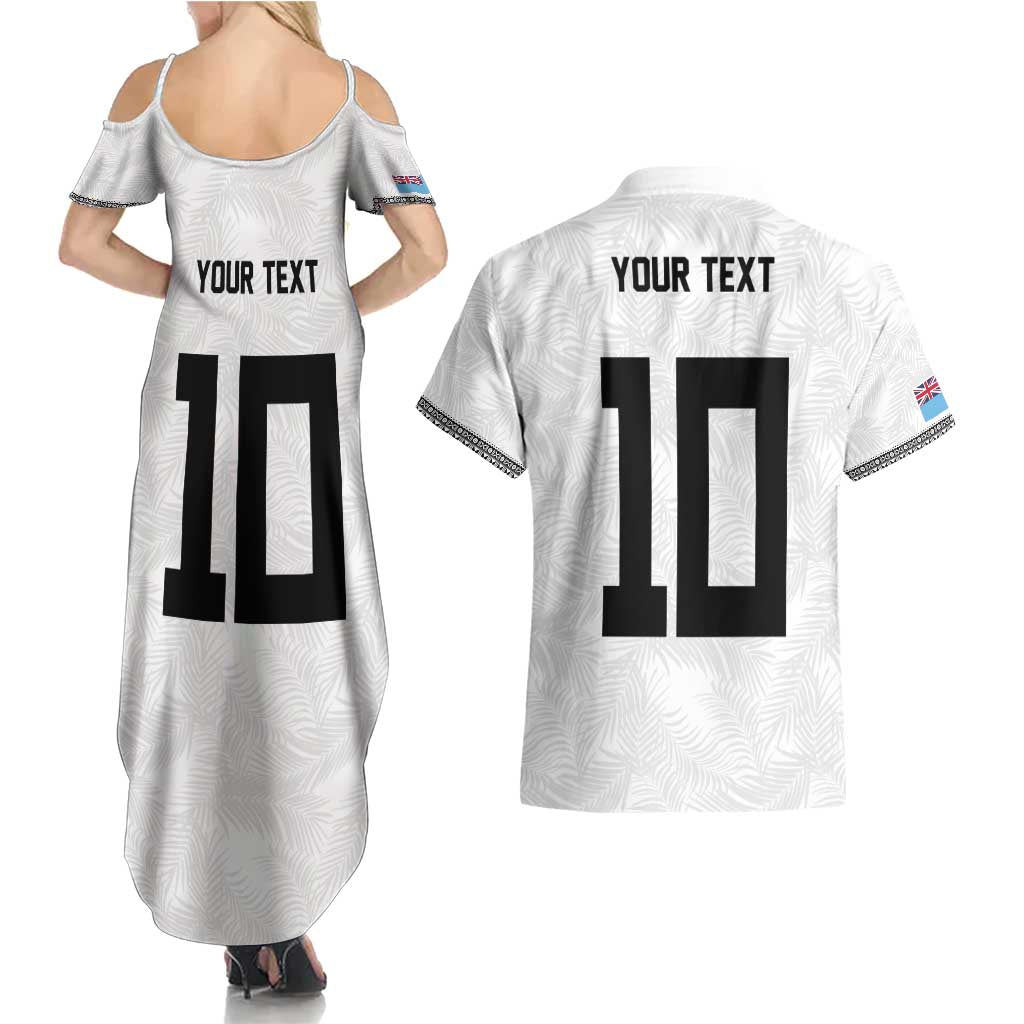 Custom Rugby Fiji Couples Matching Summer Maxi Dress and Hawaiian Shirt Fijian Masi Tribal Sporty Style White Color - Polynesian Pride
