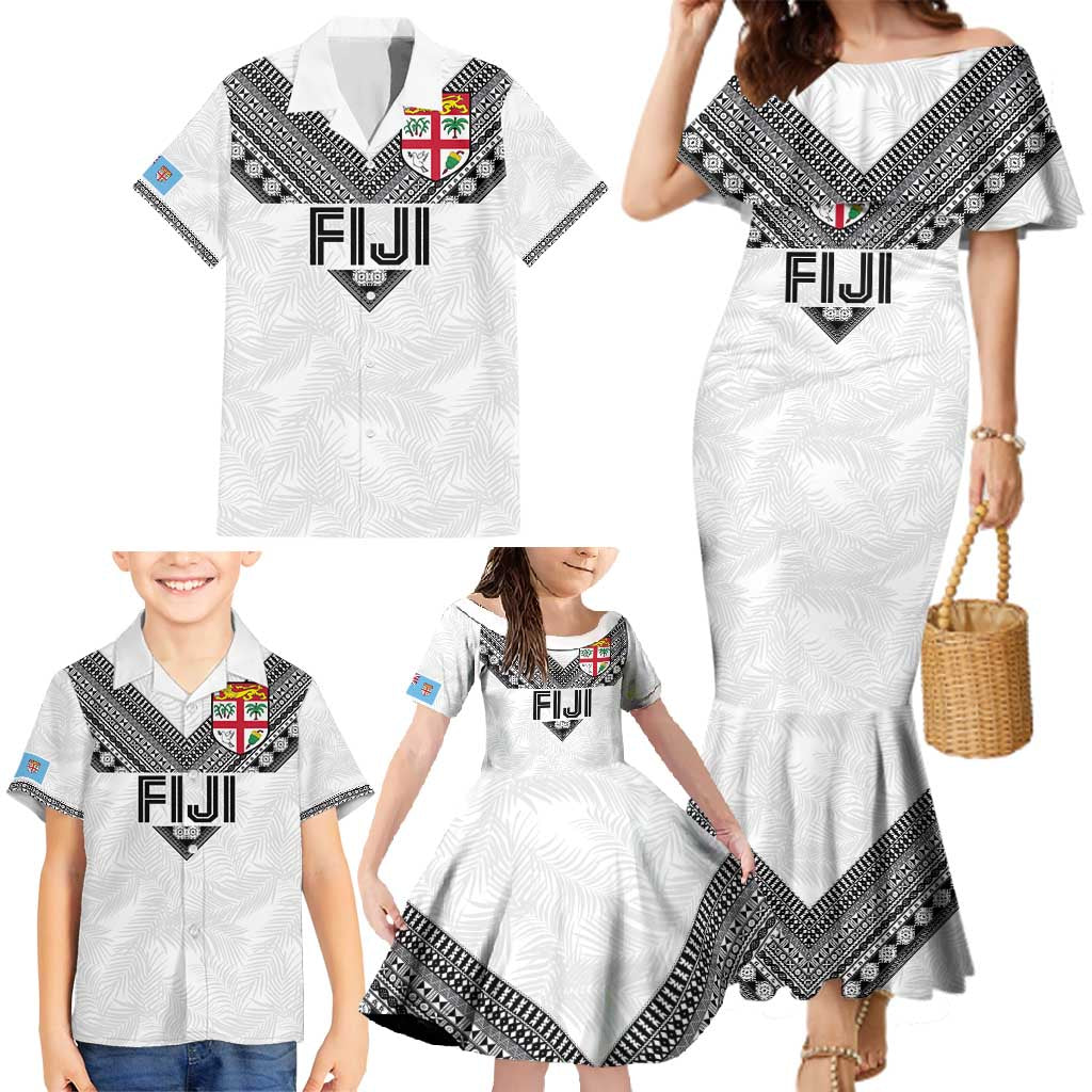 Custom Rugby Fiji Family Matching Mermaid Dress and Hawaiian Shirt Fijian Masi Tribal Sporty Style White Color - Polynesian Pride