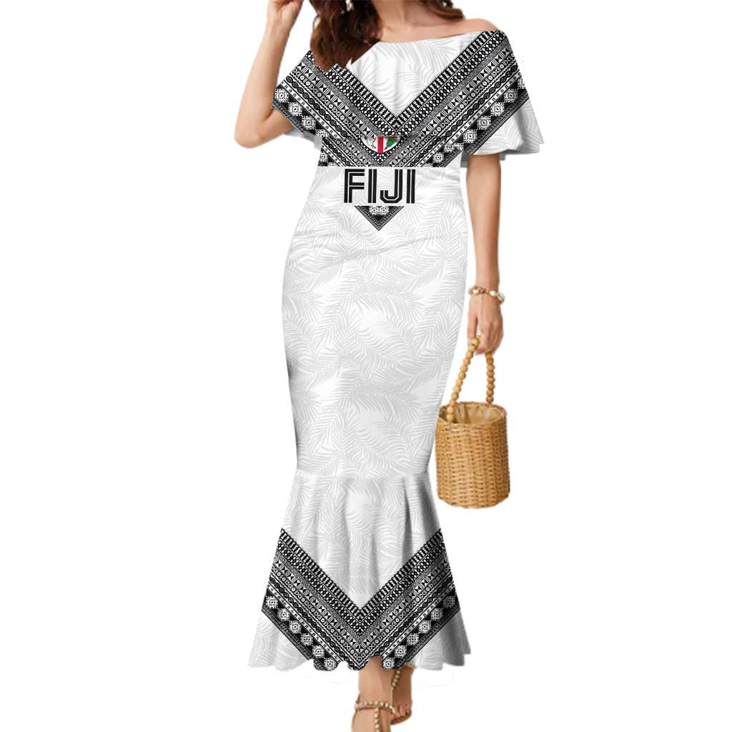 Custom Rugby Fiji Family Matching Mermaid Dress and Hawaiian Shirt Fijian Masi Tribal Sporty Style White Color - Polynesian Pride