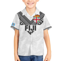 Custom Rugby Fiji Family Matching Off The Shoulder Long Sleeve Dress and Hawaiian Shirt Fijian Masi Tribal Sporty Style White Color - Polynesian Pride