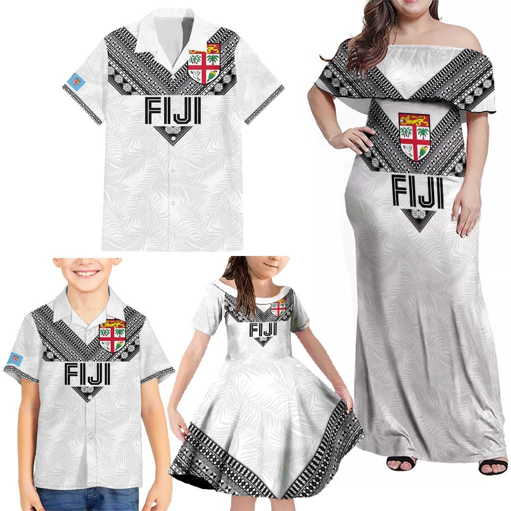Custom Rugby Fiji Family Matching Off Shoulder Maxi Dress and Hawaiian Shirt Fijian Masi Tribal Sporty Style White Color - Polynesian Pride