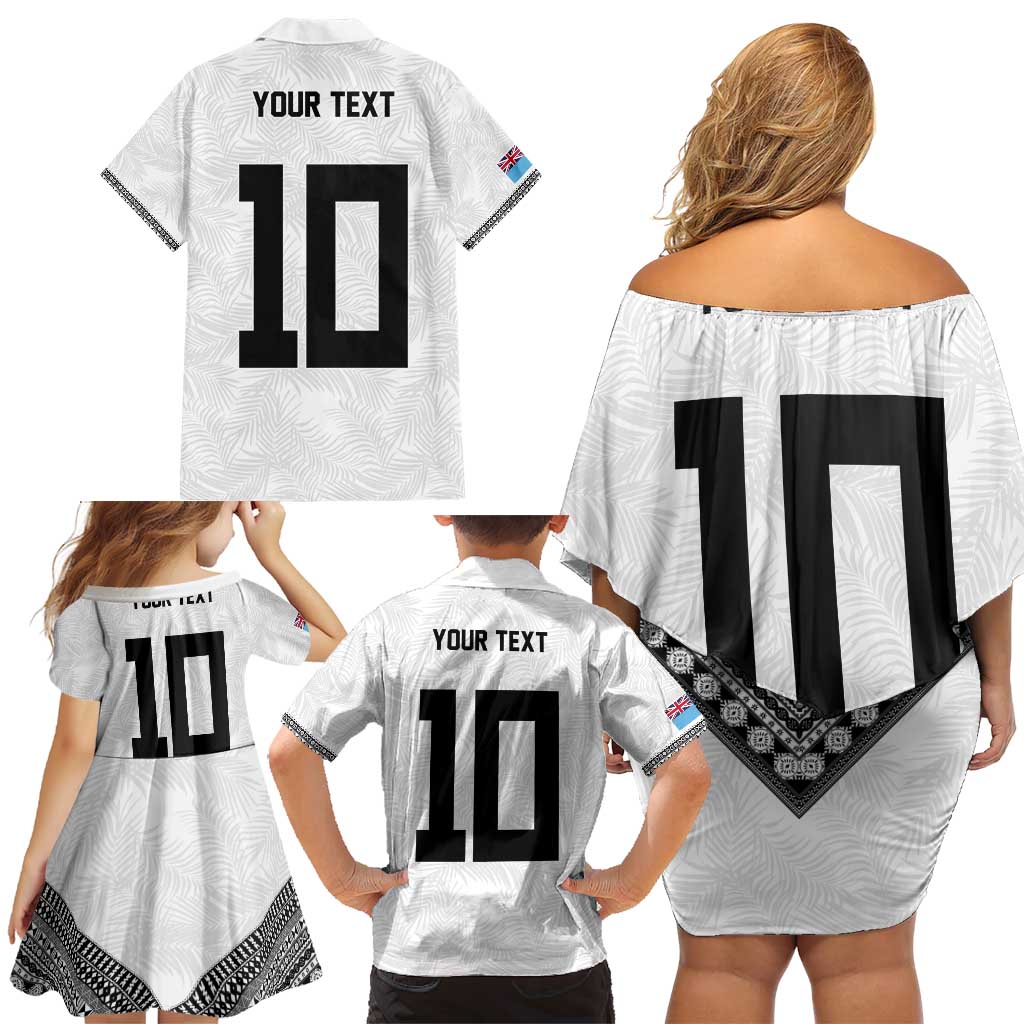 Custom Rugby Fiji Family Matching Off Shoulder Short Dress and Hawaiian Shirt Fijian Masi Tribal Sporty Style White Color - Polynesian Pride