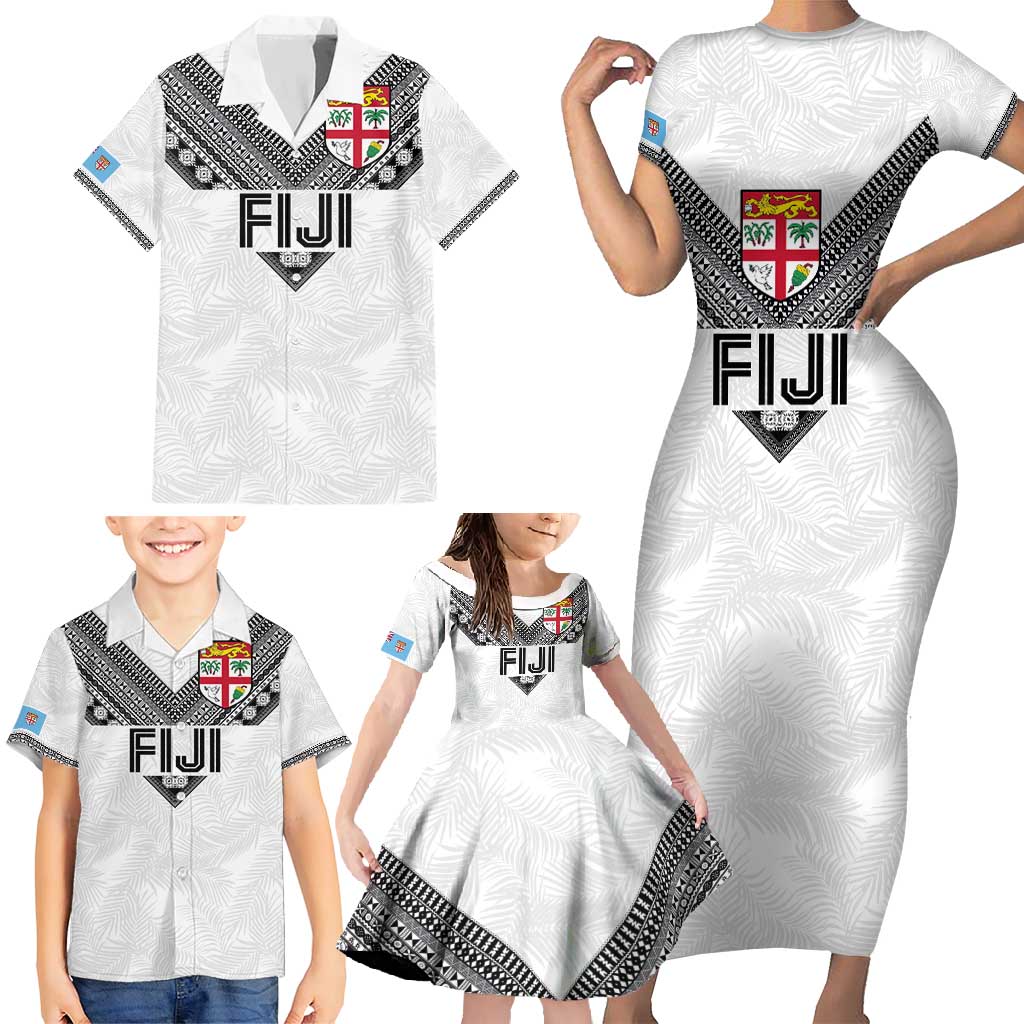 Custom Rugby Fiji Family Matching Short Sleeve Bodycon Dress and Hawaiian Shirt Fijian Masi Tribal Sporty Style White Color - Polynesian Pride