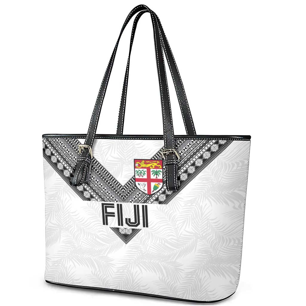 Rugby Fiji Leather Tote Bag Fijian Masi Tribal Sporty Style White Color - Polynesian Pride