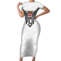 Custom Rugby Fiji Short Sleeve Bodycon Dress Fijian Masi Tribal Sporty Style White Color - Polynesian Pride