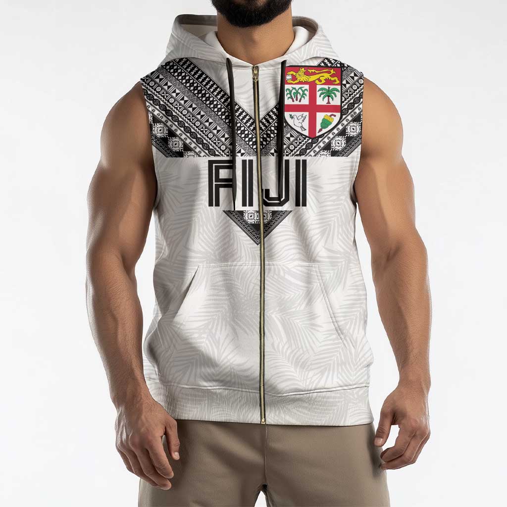 Custom Rugby Fiji Sleeveless Zip Hoodie Fijian Masi Tribal Sporty Style White Color - Polynesian Pride