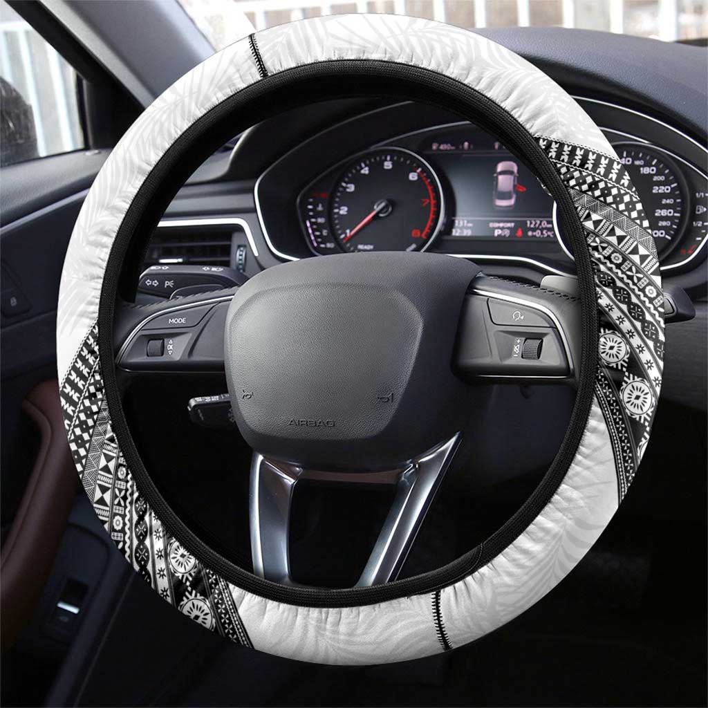 Rugby Fiji Steering Wheel Cover Fijian Masi Tribal Sporty Style White Color - Polynesian Pride