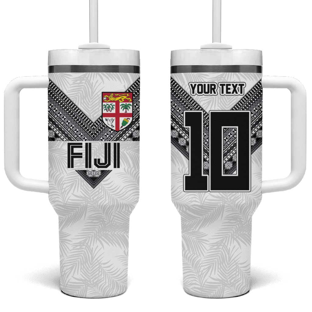 Custom Rugby Fiji Tumbler With Handle Fijian Masi Tribal Sporty Style White Color - Polynesian Pride