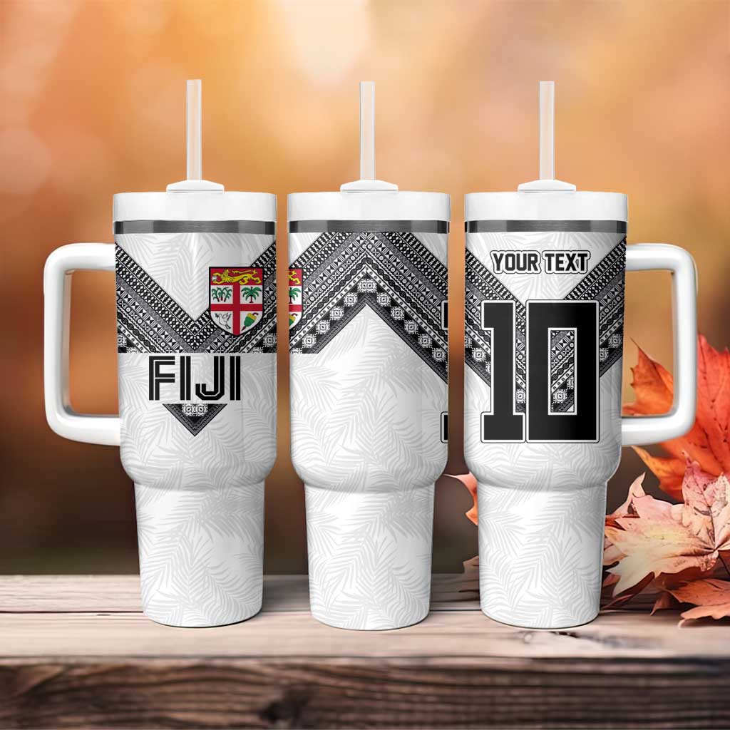 Custom Rugby Fiji Tumbler With Handle Fijian Masi Tribal Sporty Style White Color - Polynesian Pride