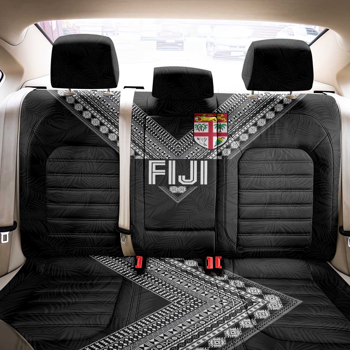 Rugby Fiji Back Car Seat Cover Fijian Masi Tribal Sporty Style Black Color - Polynesian Pride