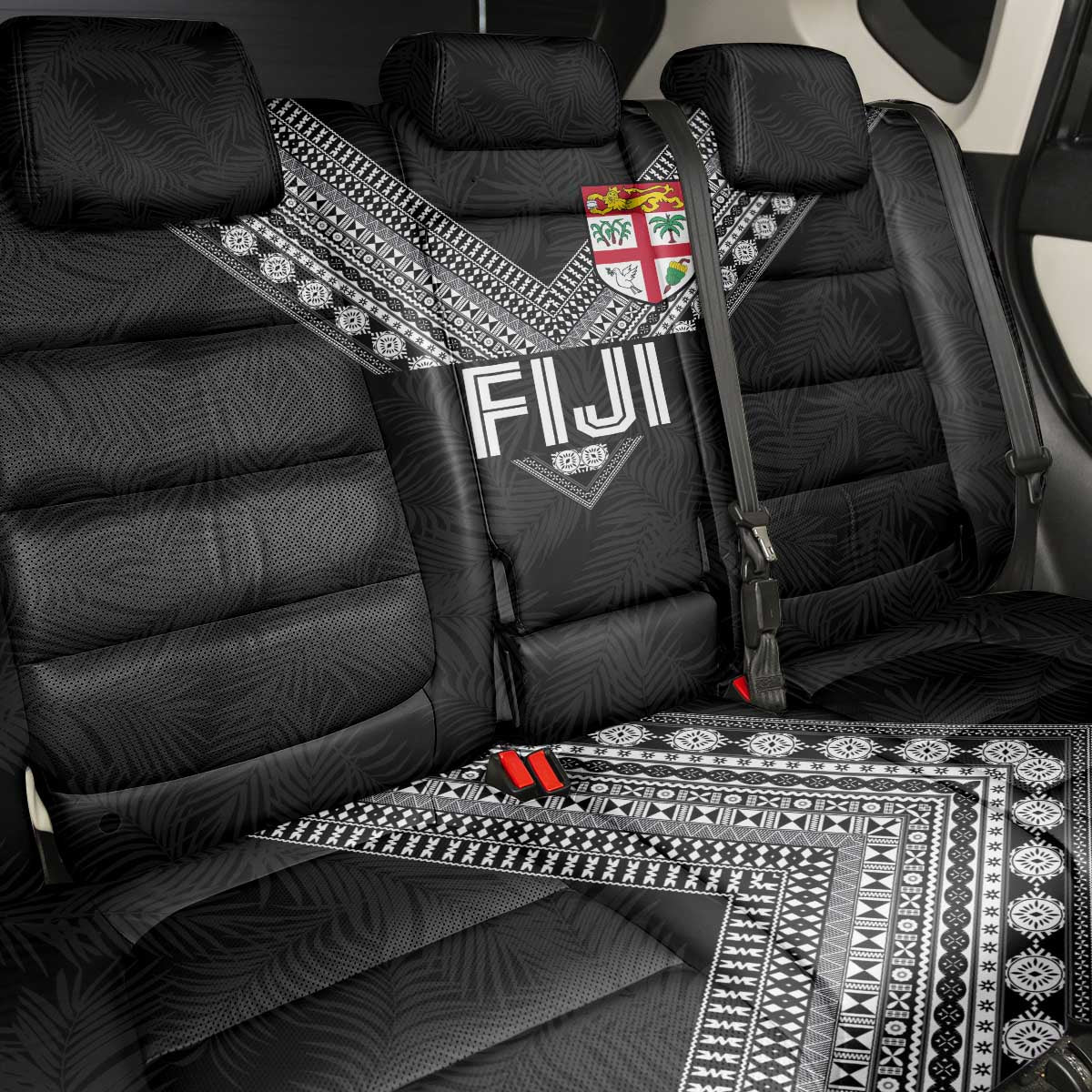 Rugby Fiji Back Car Seat Cover Fijian Masi Tribal Sporty Style Black Color - Polynesian Pride