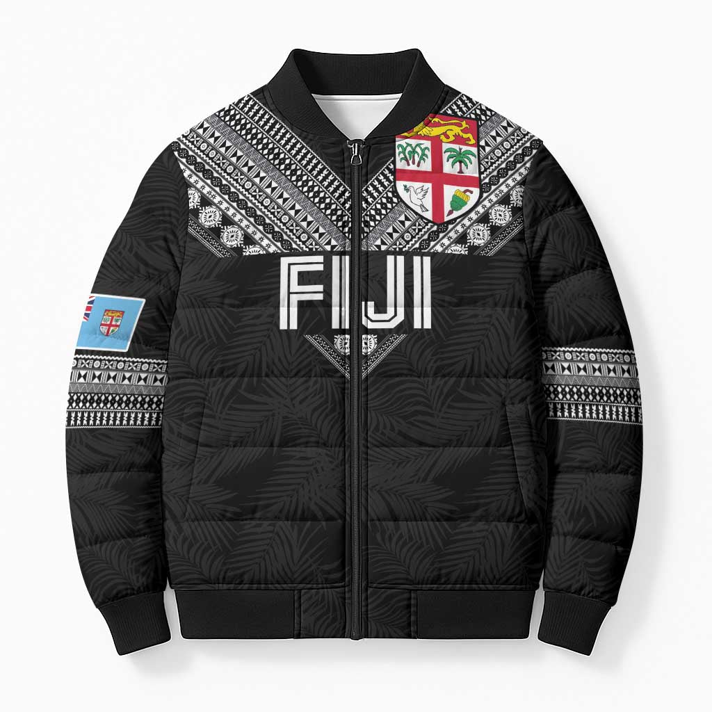 Custom Rugby Fiji Bomber Puffer Jacket Fijian Masi Tribal Sporty Style Black Color - Polynesian Pride