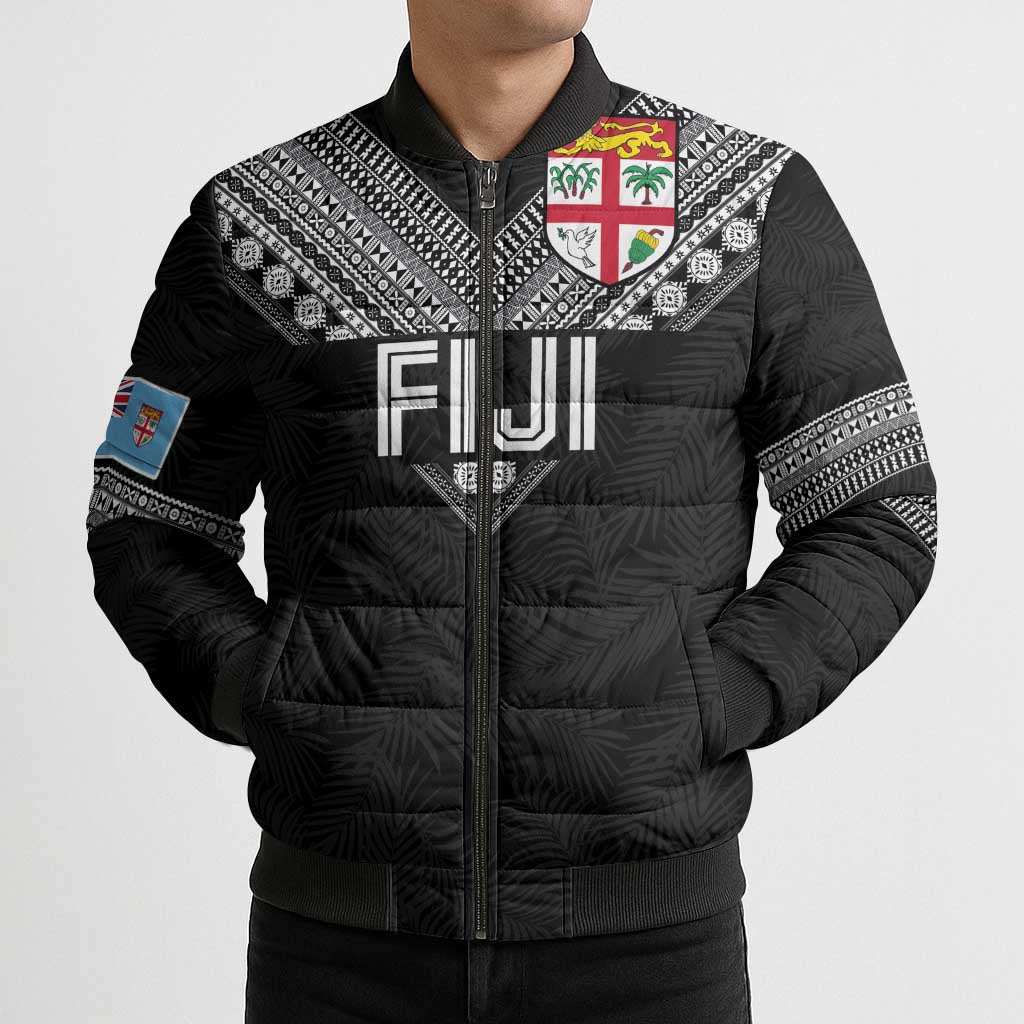 Custom Rugby Fiji Bomber Puffer Jacket Fijian Masi Tribal Sporty Style Black Color - Polynesian Pride