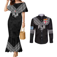 Custom Rugby Fiji Couples Matching Mermaid Dress and Long Sleeve Button Shirt Fijian Masi Tribal Sporty Style Black Color - Polynesian Pride
