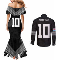 Custom Rugby Fiji Couples Matching Mermaid Dress and Long Sleeve Button Shirt Fijian Masi Tribal Sporty Style Black Color - Polynesian Pride
