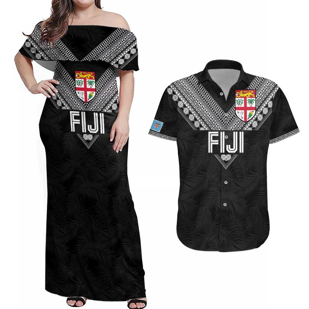 Custom Rugby Fiji Couples Matching Off Shoulder Maxi Dress and Hawaiian Shirt Fijian Masi Tribal Sporty Style Black Color - Polynesian Pride