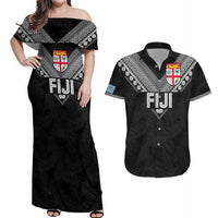 Custom Rugby Fiji Couples Matching Off Shoulder Maxi Dress and Hawaiian Shirt Fijian Masi Tribal Sporty Style Black Color - Polynesian Pride