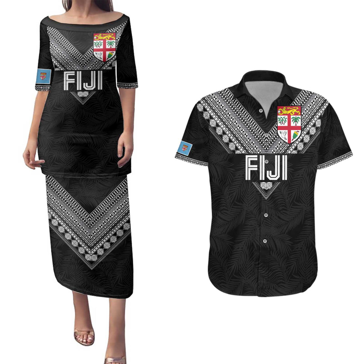 Custom Rugby Fiji Couples Matching Puletasi and Hawaiian Shirt Fijian Masi Tribal Sporty Style Black Color - Polynesian Pride