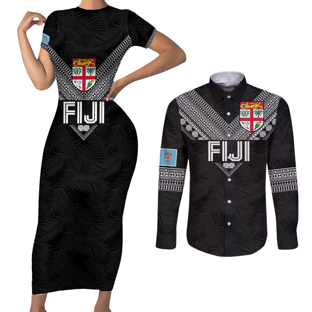 Custom Rugby Fiji Couples Matching Short Sleeve Bodycon Dress and Long Sleeve Button Shirt Fijian Masi Tribal Sporty Style Black Color - Polynesian Pride