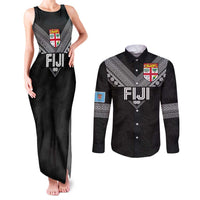 Custom Rugby Fiji Couples Matching Tank Maxi Dress and Long Sleeve Button Shirt Fijian Masi Tribal Sporty Style Black Color - Polynesian Pride