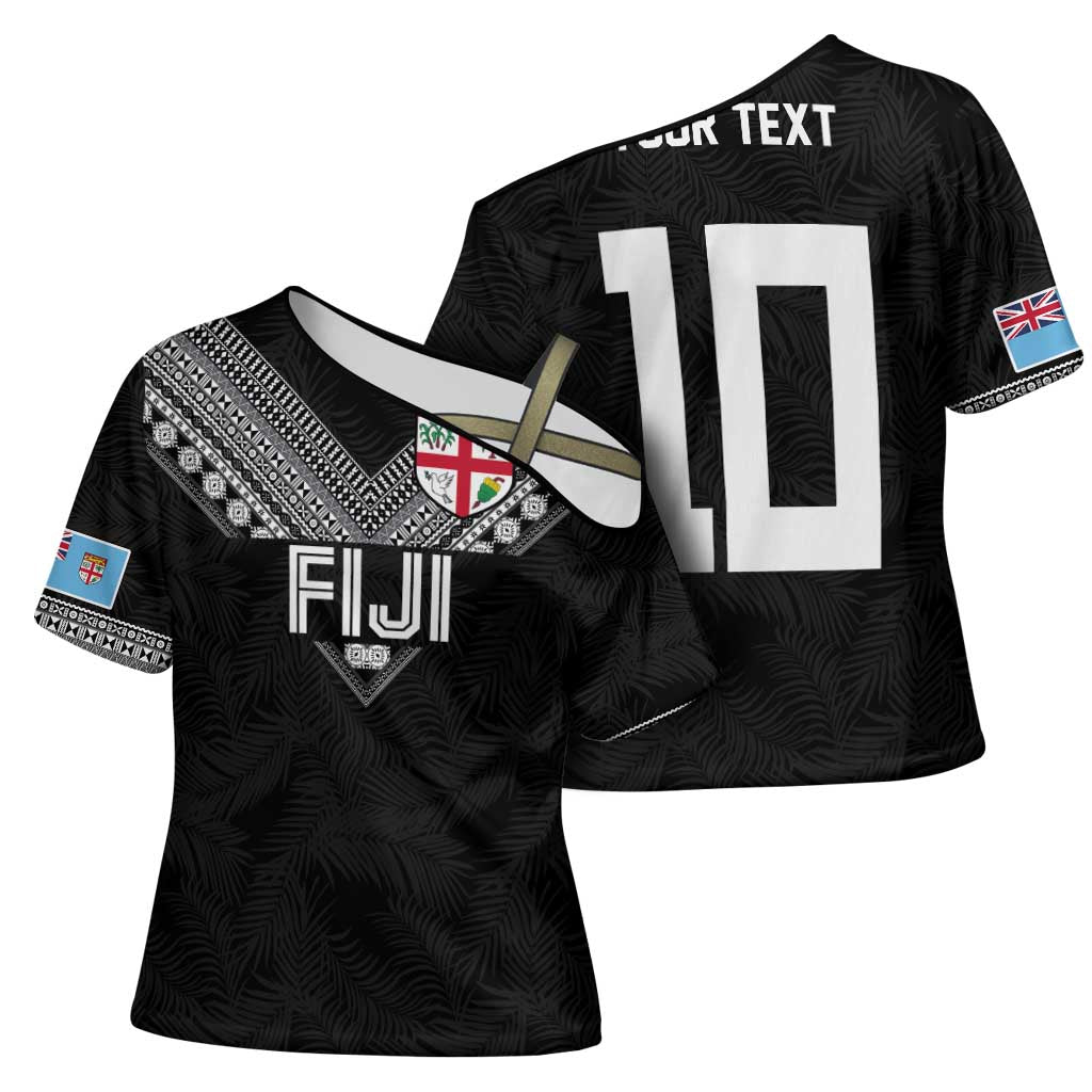 Custom Rugby Fiji Cross Shoulder Shirt Fijian Masi Tribal Sporty Style Black Color - Polynesian Pride