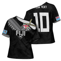 Custom Rugby Fiji Cross Shoulder Shirt Fijian Masi Tribal Sporty Style Black Color - Polynesian Pride