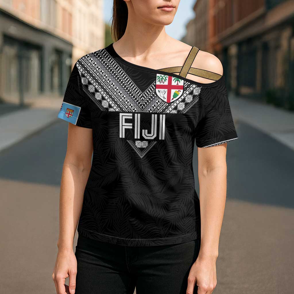 Custom Rugby Fiji Cross Shoulder Shirt Fijian Masi Tribal Sporty Style Black Color - Polynesian Pride