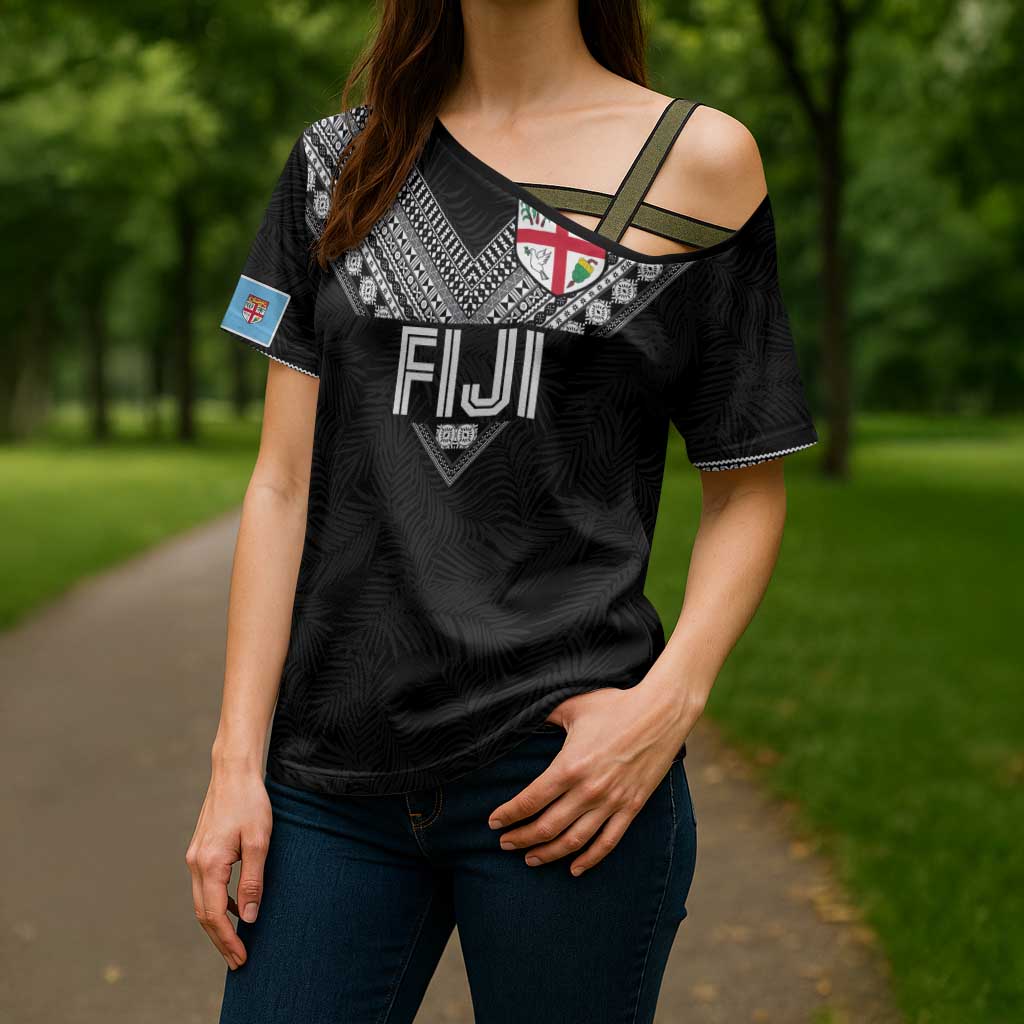 Custom Rugby Fiji Cross Shoulder Shirt Fijian Masi Tribal Sporty Style Black Color - Polynesian Pride