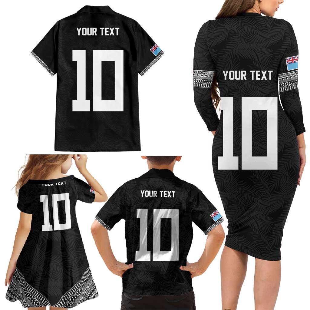 Custom Rugby Fiji Family Matching Long Sleeve Bodycon Dress and Hawaiian Shirt Fijian Masi Tribal Sporty Style Black Color - Polynesian Pride