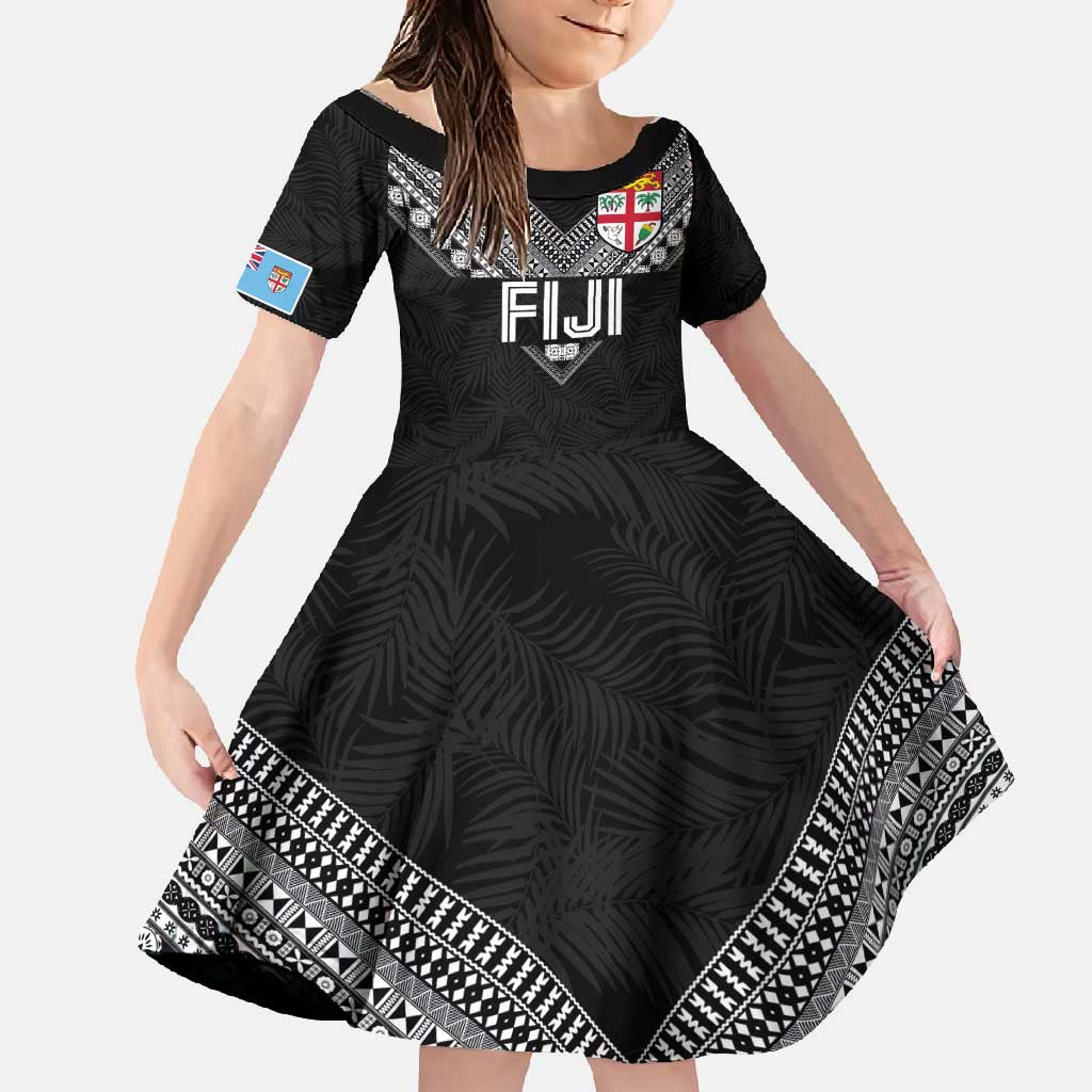 Custom Rugby Fiji Family Matching Mermaid Dress and Hawaiian Shirt Fijian Masi Tribal Sporty Style Black Color - Polynesian Pride