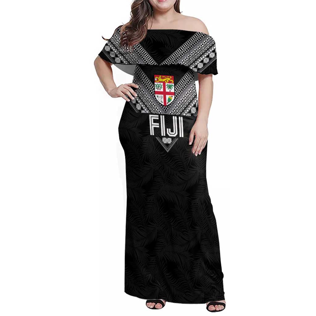 Custom Rugby Fiji Family Matching Off Shoulder Maxi Dress and Hawaiian Shirt Fijian Masi Tribal Sporty Style Black Color - Polynesian Pride