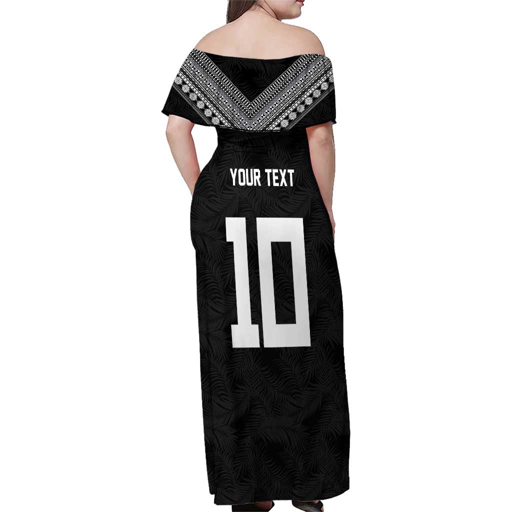 Custom Rugby Fiji Family Matching Off Shoulder Maxi Dress and Hawaiian Shirt Fijian Masi Tribal Sporty Style Black Color - Polynesian Pride