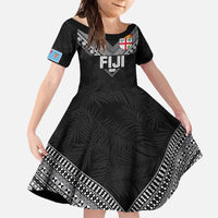 Custom Rugby Fiji Family Matching Short Sleeve Bodycon Dress and Hawaiian Shirt Fijian Masi Tribal Sporty Style Black Color - Polynesian Pride