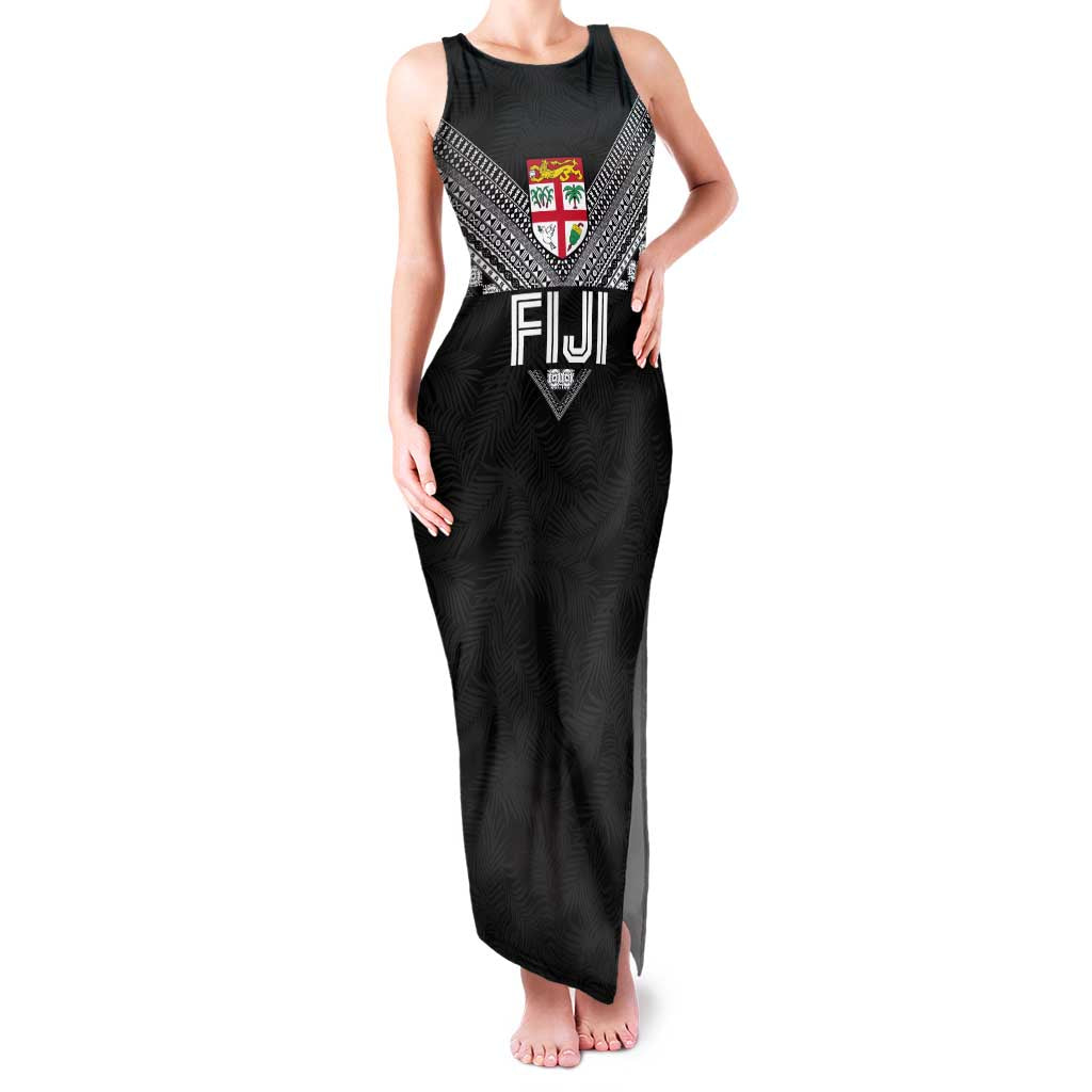 Custom Rugby Fiji Family Matching Tank Maxi Dress and Hawaiian Shirt Fijian Masi Tribal Sporty Style Black Color - Polynesian Pride