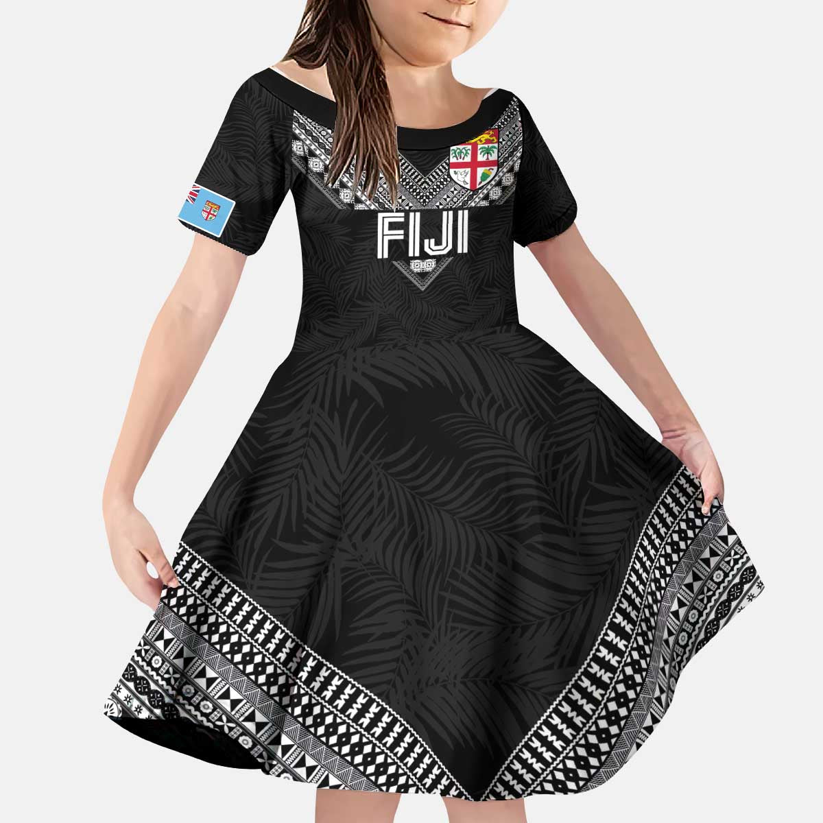 Custom Rugby Fiji Kid Short Sleeve Dress Fijian Masi Tribal Sporty Style Black Color - Polynesian Pride