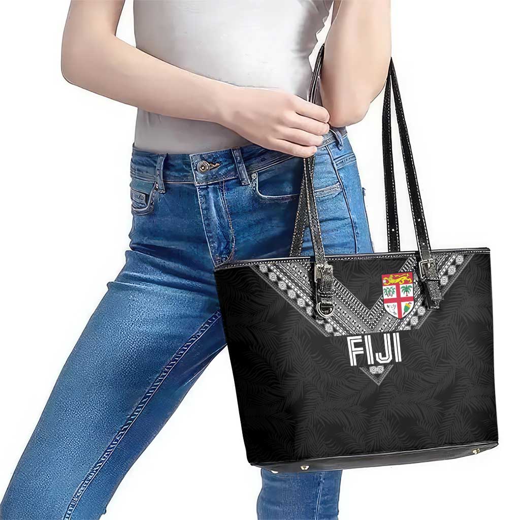 Rugby Fiji Leather Tote Bag Fijian Masi Tribal Sporty Style Black Color - Polynesian Pride