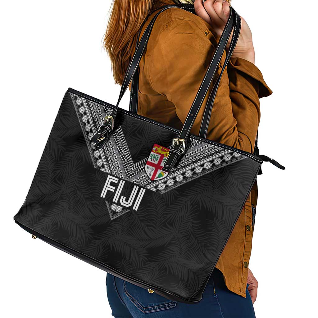 Rugby Fiji Leather Tote Bag Fijian Masi Tribal Sporty Style Black Color - Polynesian Pride