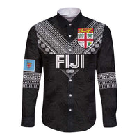 Custom Rugby Fiji Long Sleeve Button Shirt Fijian Masi Tribal Sporty Style Black Color - Polynesian Pride