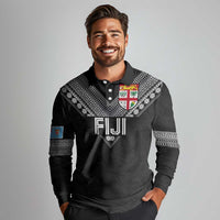 Custom Rugby Fiji Long Sleeve Polo Shirt Fijian Masi Tribal Sporty Style Black Color - Polynesian Pride