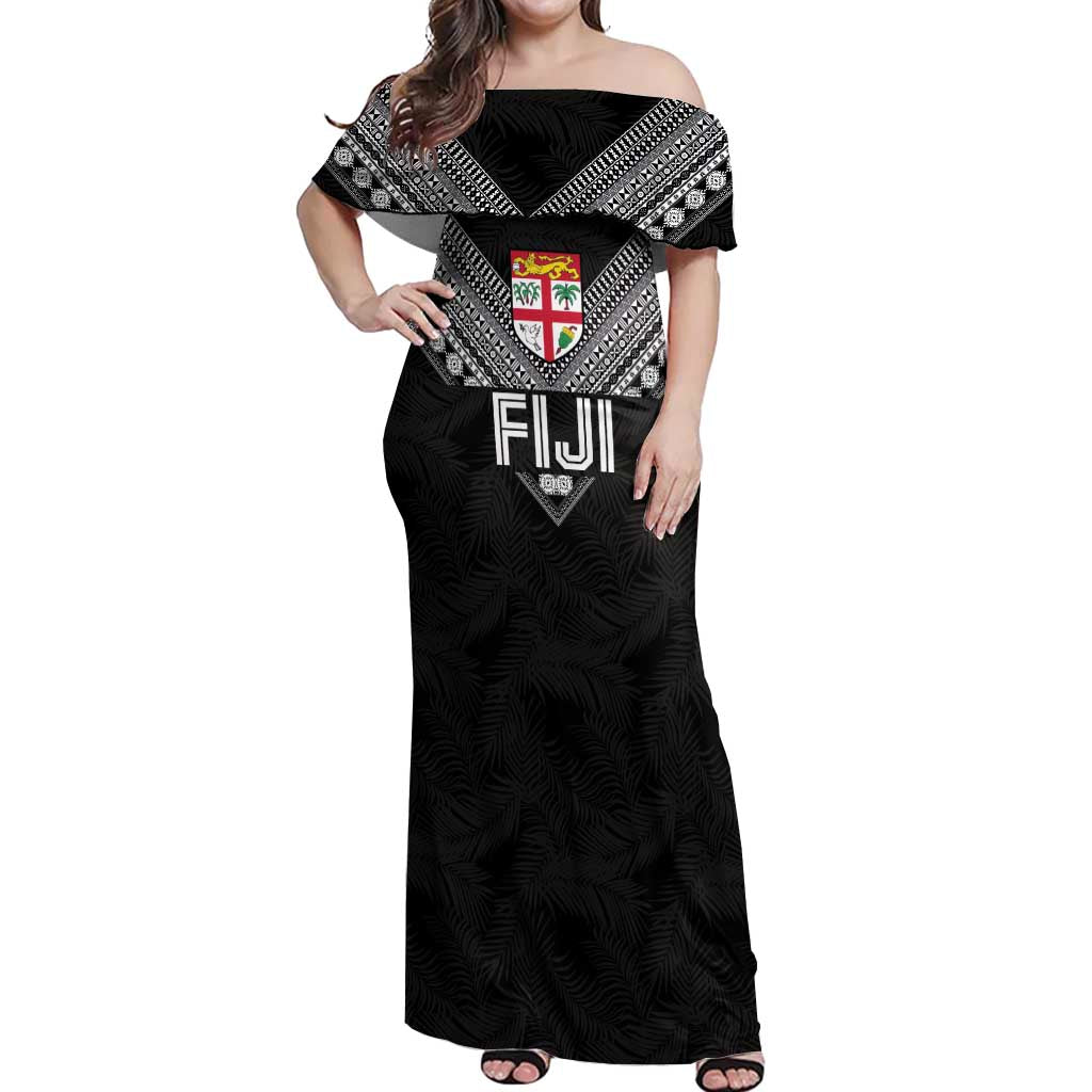 Custom Rugby Fiji Off Shoulder Maxi Dress Fijian Masi Tribal Sporty Style Black Color - Polynesian Pride