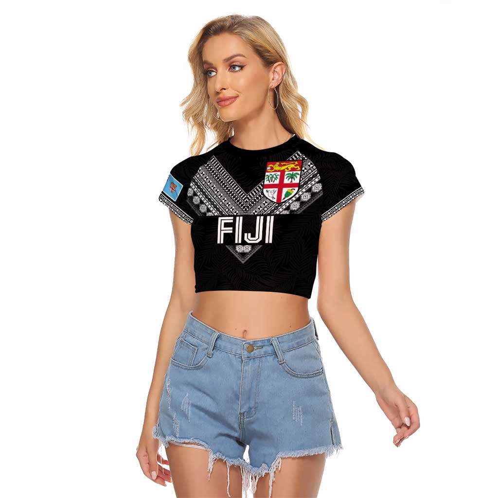 Custom Rugby Fiji Raglan Cropped T Shirt Fijian Masi Tribal Sporty Style Black Color - Polynesian Pride