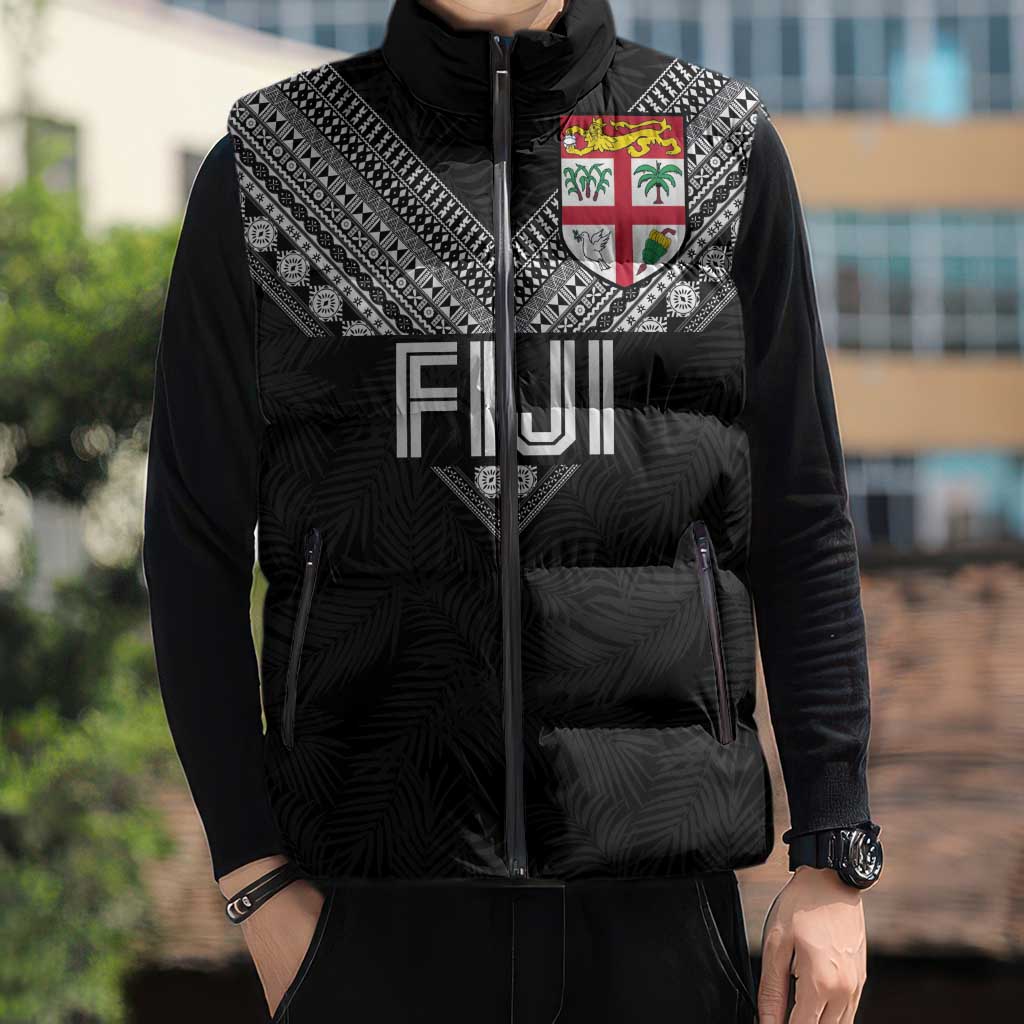 Custom Rugby Fiji Sleeveless Puffer Jacket Fijian Masi Tribal Sporty Style Black Color - Polynesian Pride