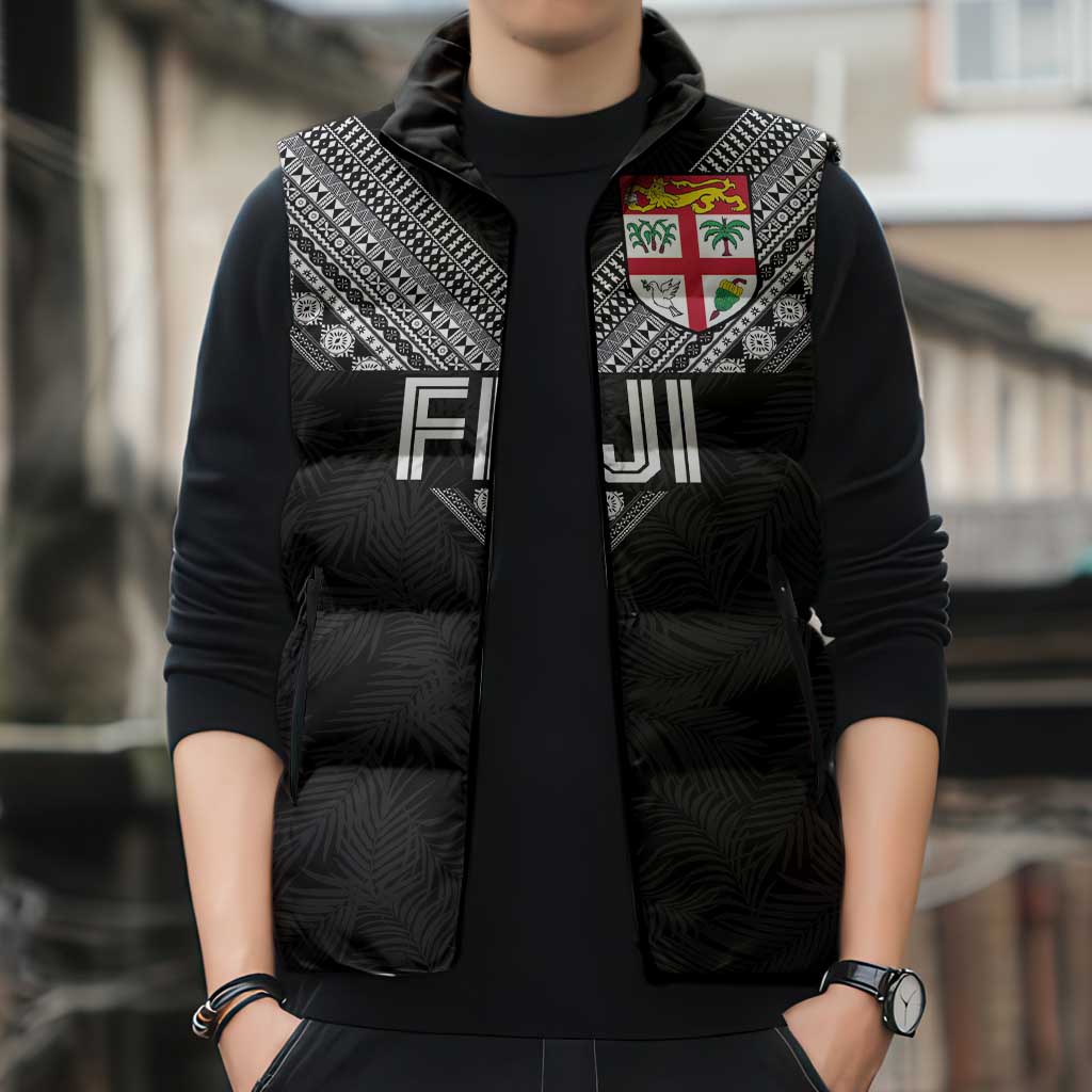Custom Rugby Fiji Sleeveless Puffer Jacket Fijian Masi Tribal Sporty Style Black Color - Polynesian Pride