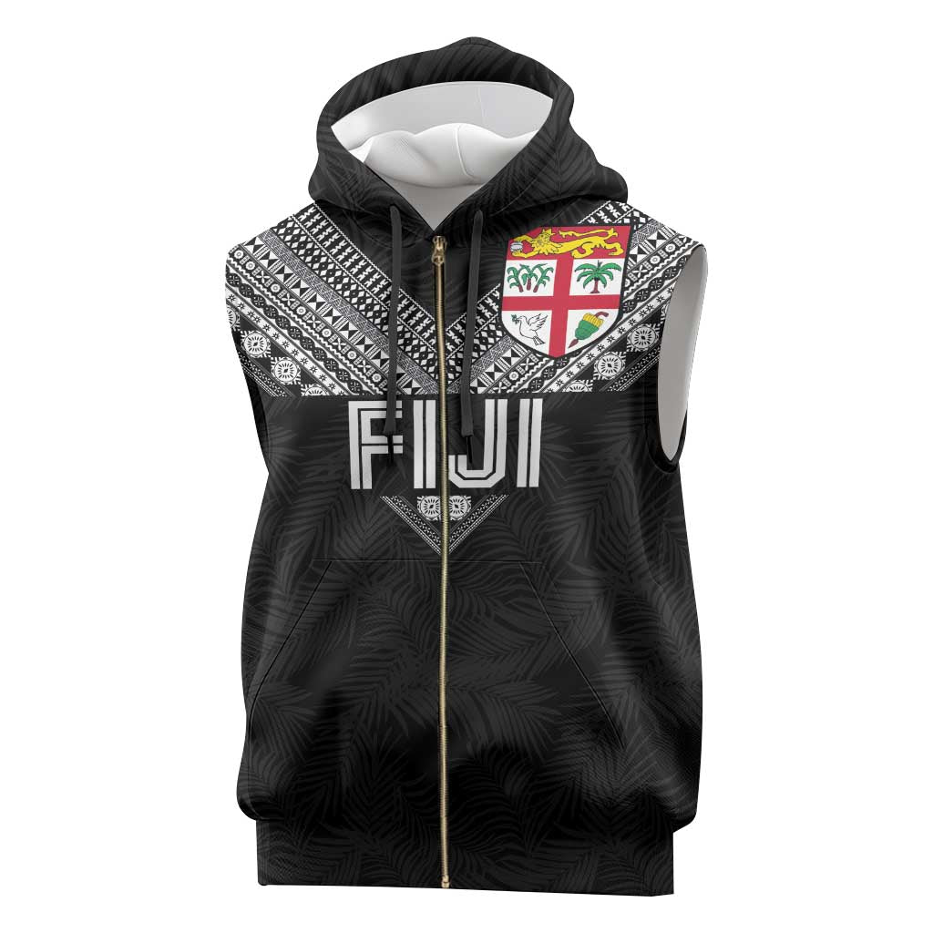 Custom Rugby Fiji Sleeveless Zip Hoodie Fijian Masi Tribal Sporty Style Black Color - Polynesian Pride