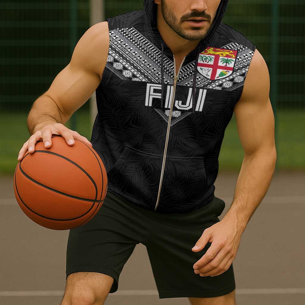 Custom Rugby Fiji Sleeveless Zip Hoodie Fijian Masi Tribal Sporty Style Black Color - Polynesian Pride