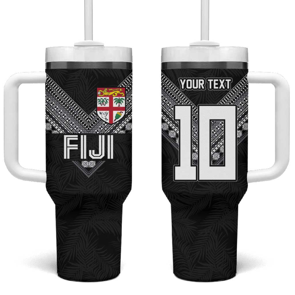 Custom Rugby Fiji Tumbler With Handle Fijian Masi Tribal Sporty Style Black Color - Polynesian Pride